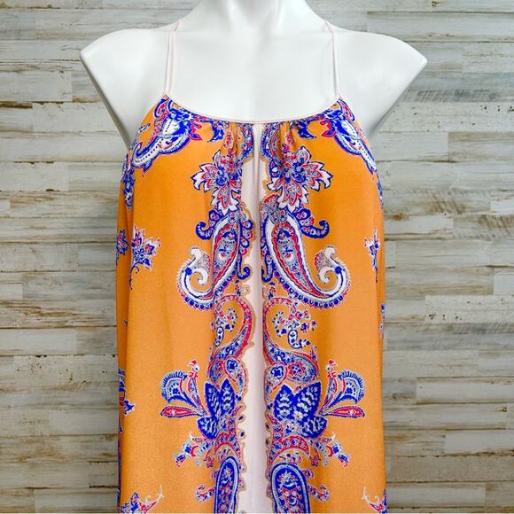 Clover Canyon Halter Scarf Maxi Dress Size S Mustard Gold Blue Sleeveless - Picture 3 of 14